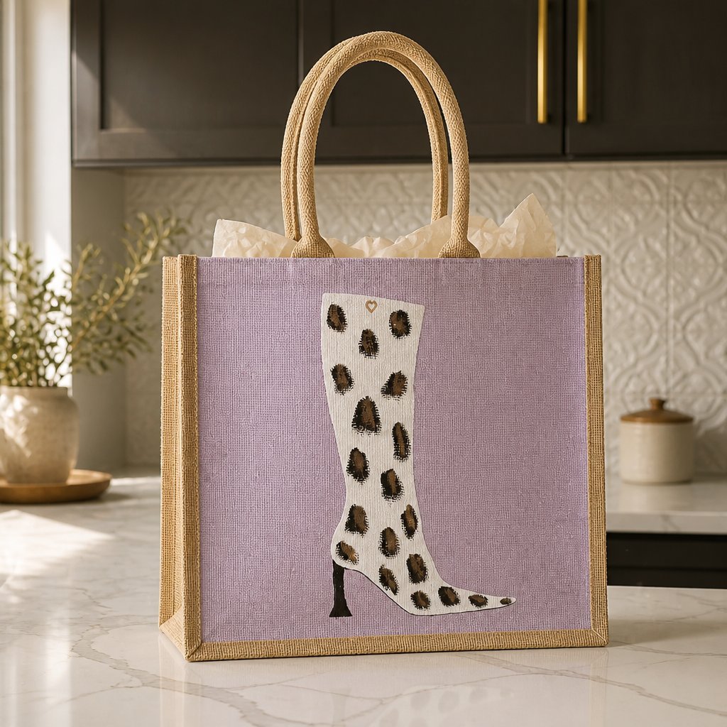 Hand-painted pink jute tote bag featuring a white cow-print western boot design with black and brown spotted detailing, inspired by modern western fashion and wearable art styling.