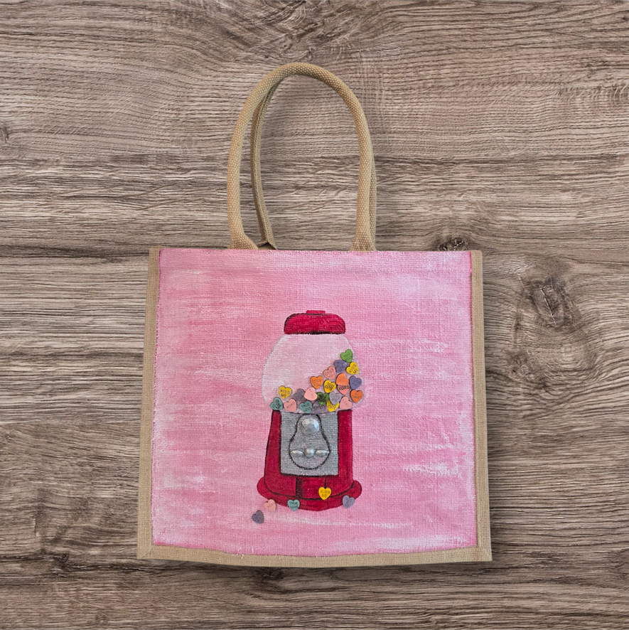 Heart Bubblegum Machine Tote Bag Haned Painted and Embellished by Dana's Uncommon Glass