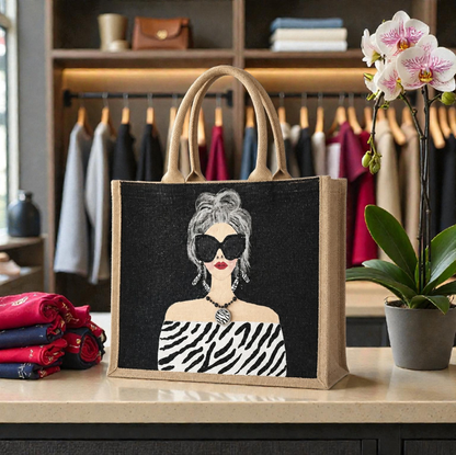 Women’s black and white wearable art tote bag with glamorous hand-painted fashion design