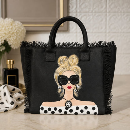 Hand-Painted Blonde Sunglasses Lady Fringed Canvas Tote Bag