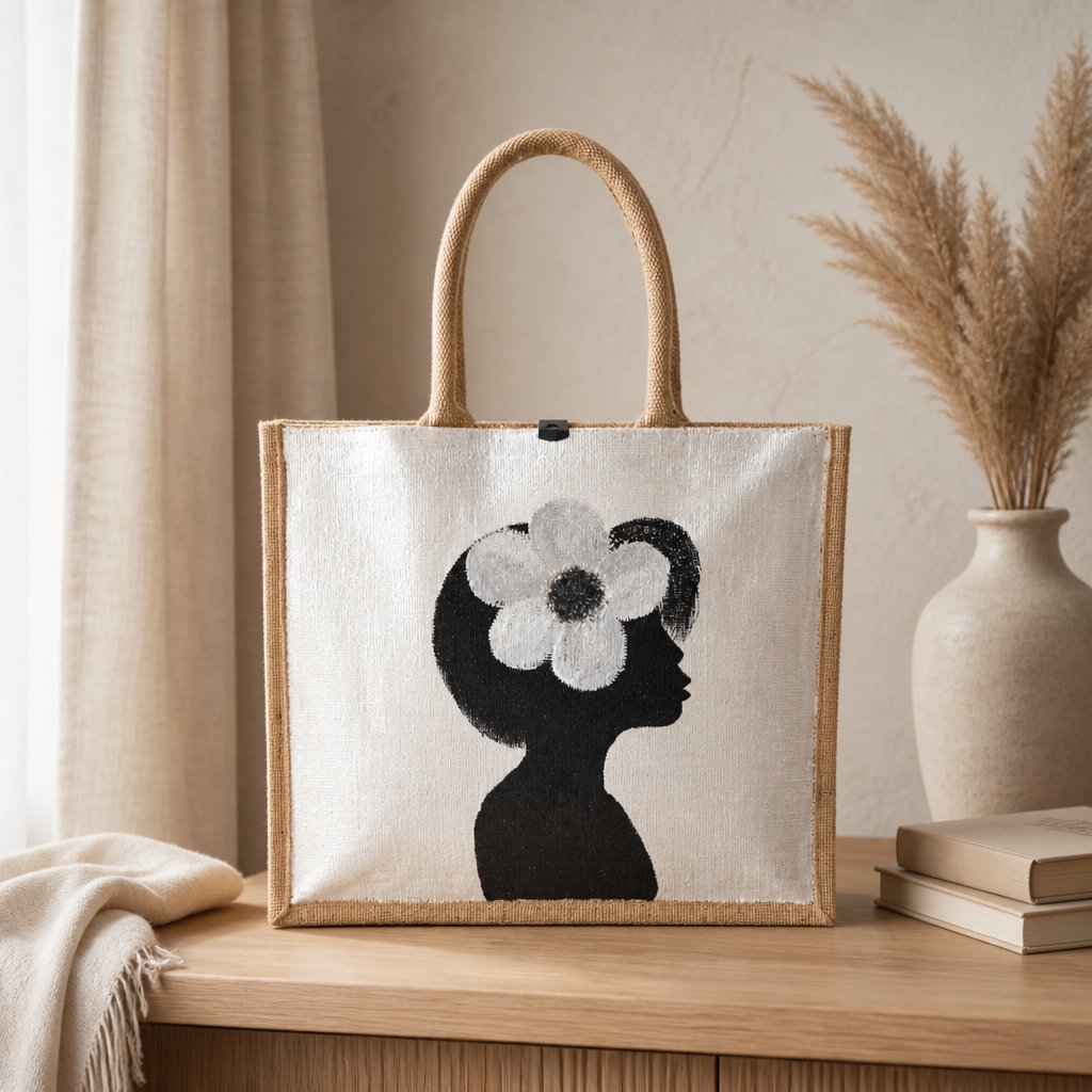 Hand-painted jute tote bag featuring a minimalist black silhouette of a woman in profile with a bold white flower in her hair on a pearl white background. This chic neutral tote includes natural jute handles, a magnetic closure, and modern wearable art styling.