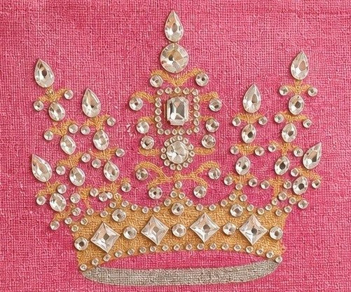 close up of Hand-painted pink jute tote bag featuring an embellished gold crown design with sparkling rhinestones and jewel accents, finished with natural burlap handles and sides.