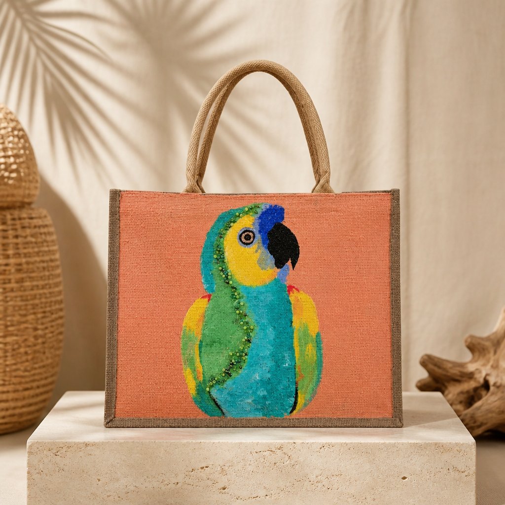 Hand-painted tropical parrot tote bag on natural jute canvas featuring a colorful blue, green, and yellow parrot against a coral-orange background, finished with sturdy double handles and a structured rectangular shape.
