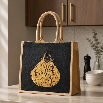 Hand-painted black jute tote bag featuring a bold leopard-print purse design, blending playful fashion with statement-making style for everyday wear or gifting.