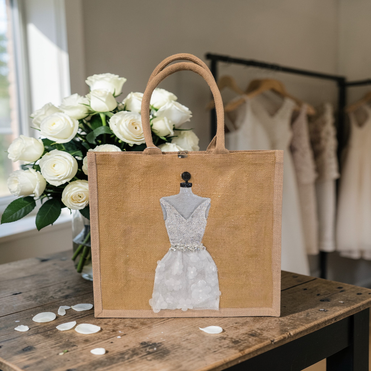 Hand-painted jute tote bag featuring an elegant white bridal dress with shimmering details on a natural canvas background