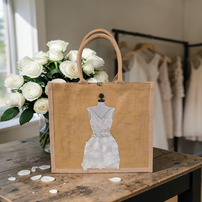 Hand-painted jute tote bag featuring an elegant white bridal dress with shimmering details on a natural canvas background