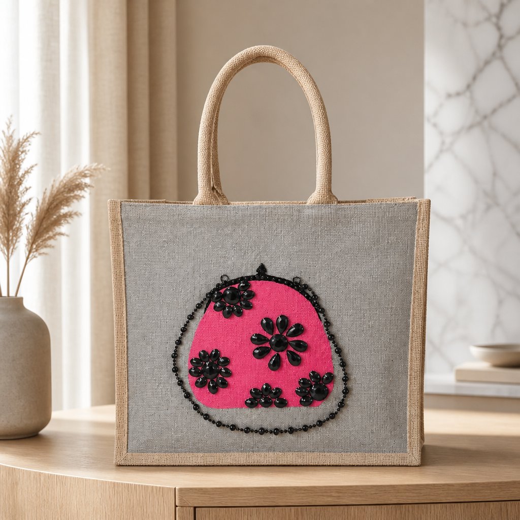 Hand-painted gray jute tote bag featuring a vibrant pink embellished purse design with black jeweled floral accents and sparkling bead details.
