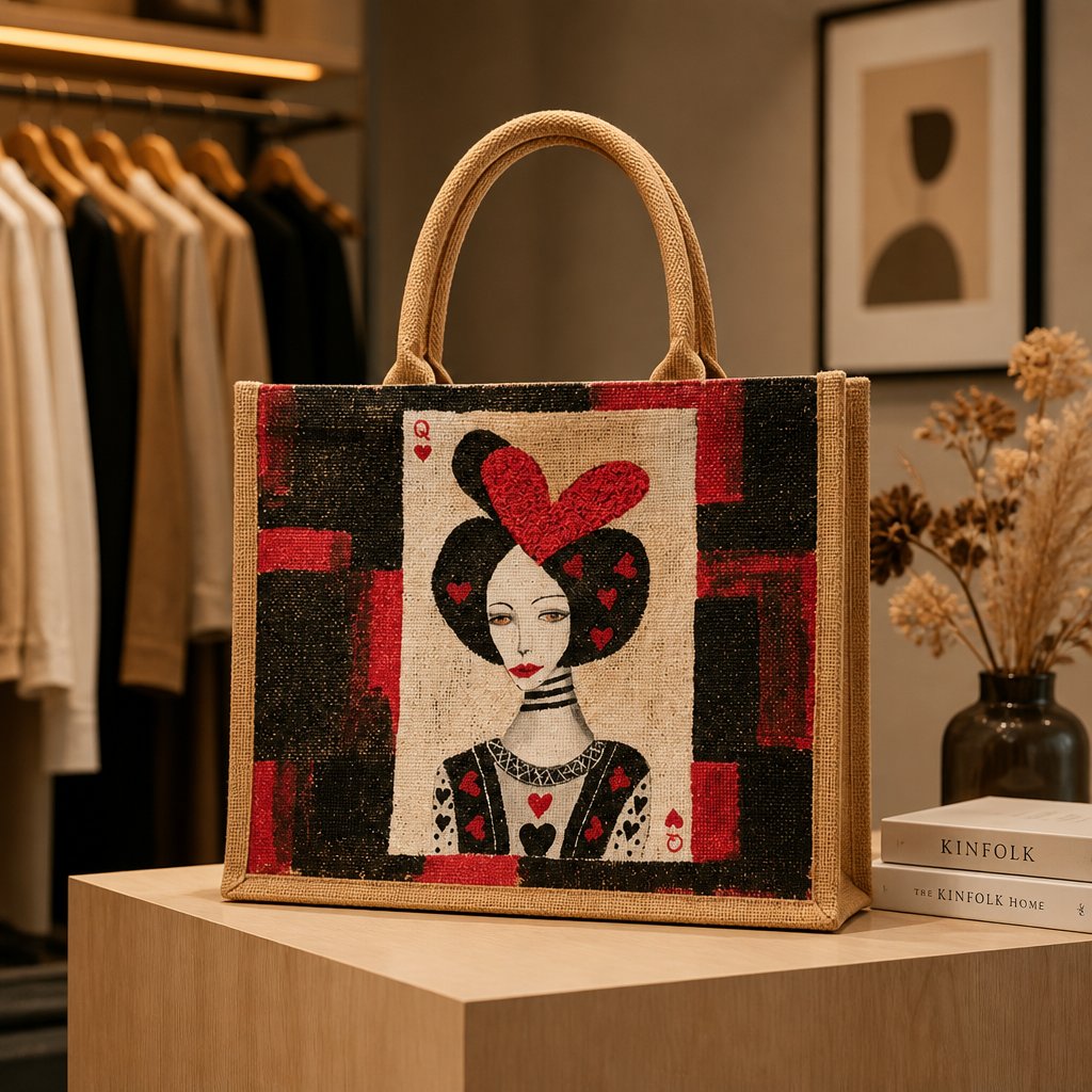 Hand-painted jute tote bag featuring a stylish Queen of Hearts illustration in black, red, and cream tones, accented with card suit details and natural burlap handles.