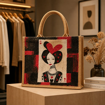 Hand-painted jute tote bag featuring a stylish Queen of Hearts illustration in black, red, and cream tones, accented with card suit details and natural burlap handles.