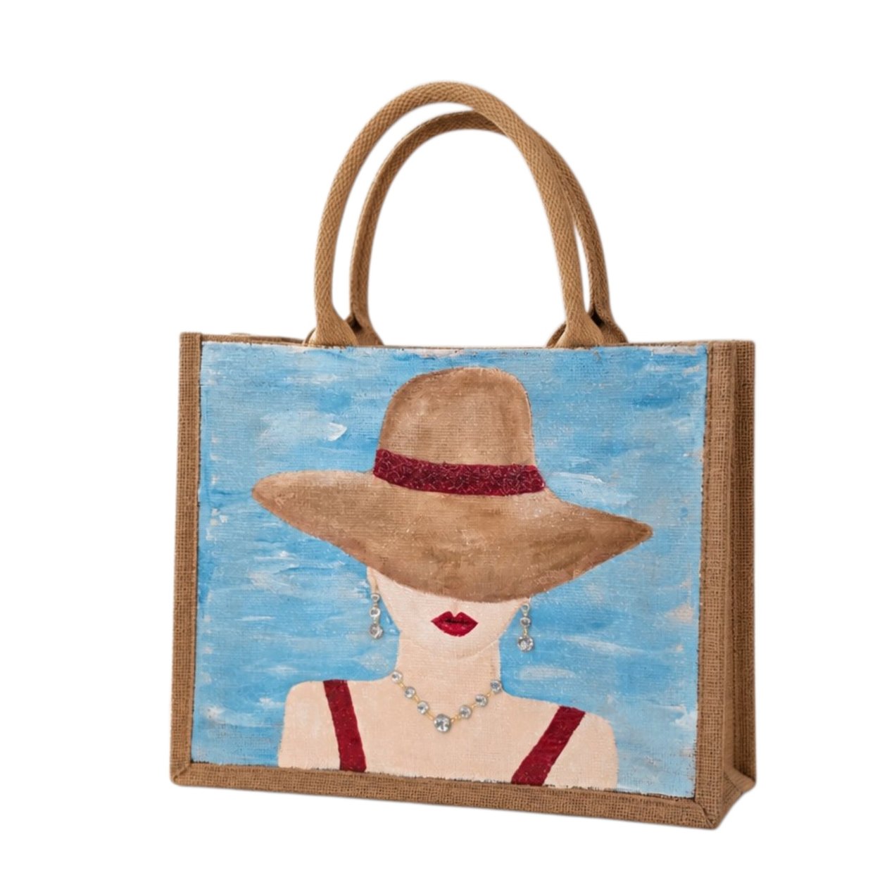 Hand-painted beach lady jute tote bag with wide sun hat, red swimsuit straps, blue sky background, jeweled necklace accents, and natural woven handles.