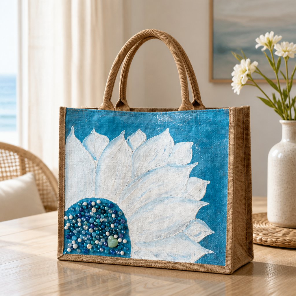 Hand-painted jute tote bag featuring oversized white floral petals on a bright turquoise blue background with blue, pearl, and crystal bead embellishments at the flower center, finished with natural jute trim and rounded padded handles.
