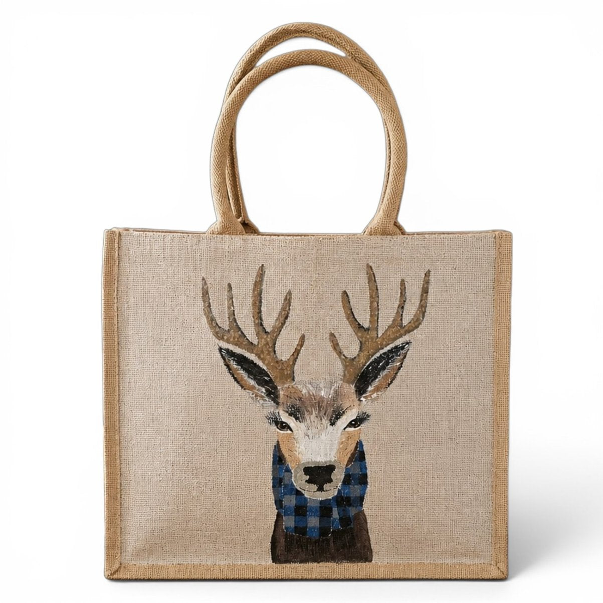 Hand-Painted Buffalo-Plaid Reindeer Tote