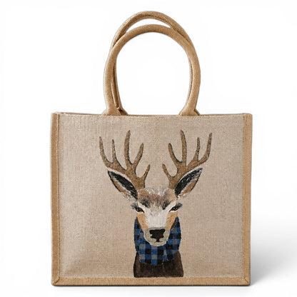 Hand-Painted Buffalo-Plaid Reindeer Tote