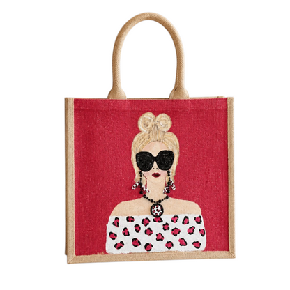 Hand-painted crimson red fashion tote bag with stylish woman illustration and leopard-inspired details on jute tote