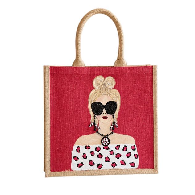 Hand-painted crimson red fashion tote bag with stylish woman illustration and leopard-inspired details on jute tote