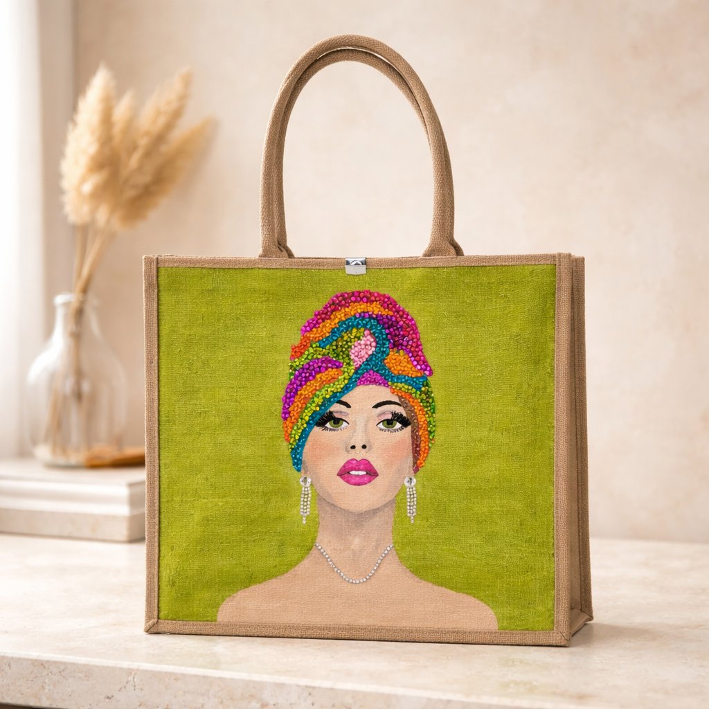Hand-painted Vivid Muse tote bag featuring a stylish woman with a colorful beaded headwrap, bold makeup, and sparkling jewelry on a vibrant green background, a unique artistic fashion statement bag.
