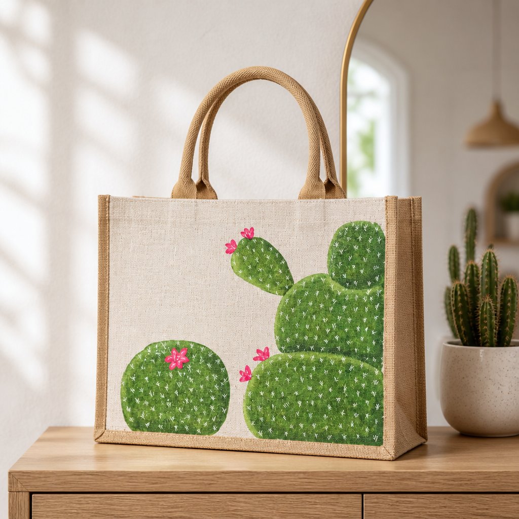 Hand-painted cactus tote bag featuring whimsical green cactus designs with pink blooms on a natural canvas background, accented with jute trim and rounded padded handles against a neutral background.
