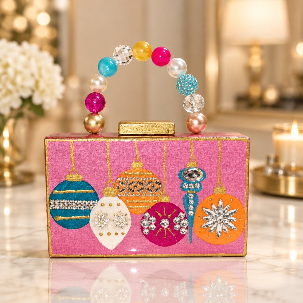 Pink Holiday Ornaments Hand-Painted Purse