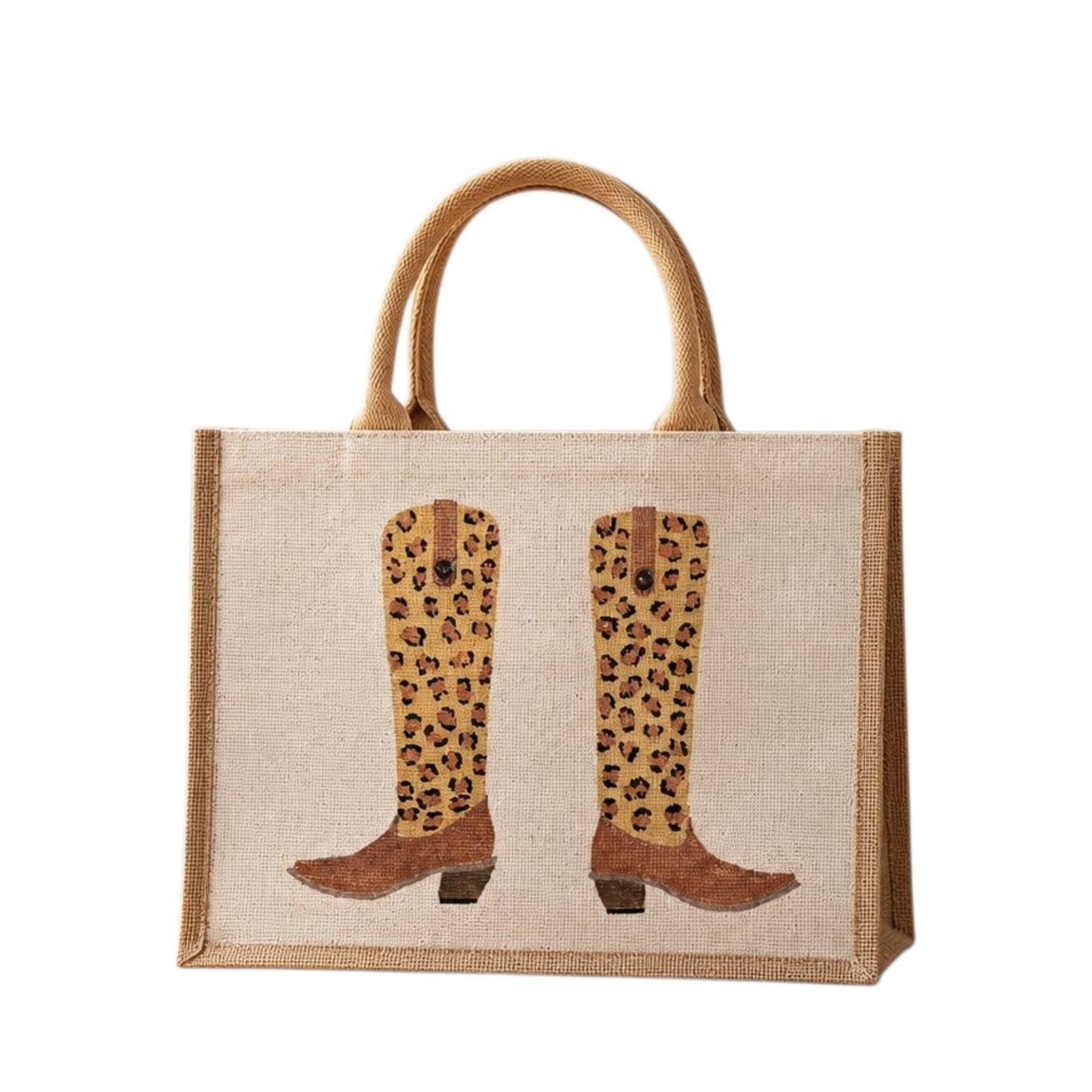 Hand-painted jute tote bag featuring a pair of leopard print western boots with brown accents and natural woven handles.
