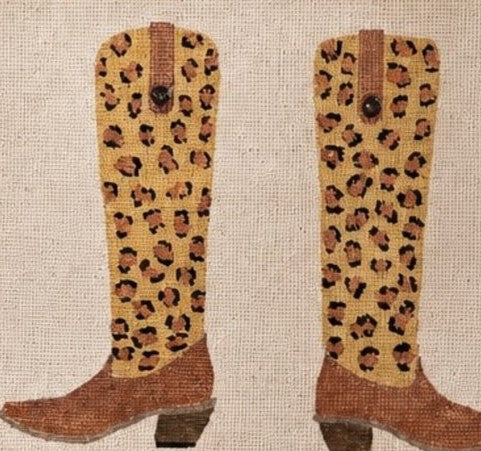 Hand-painted jute tote bag featuring a pair of leopard print western boots with brown accents and natural woven handles.
