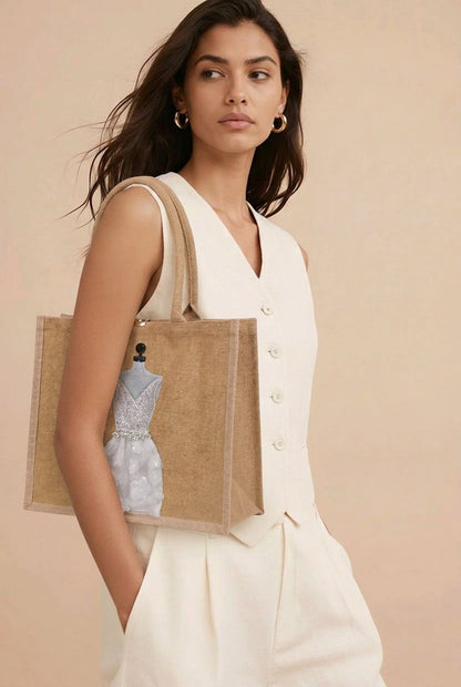 Hand-painted jute tote bag featuring an elegant white bridal dress with shimmering details on a natural canvas background