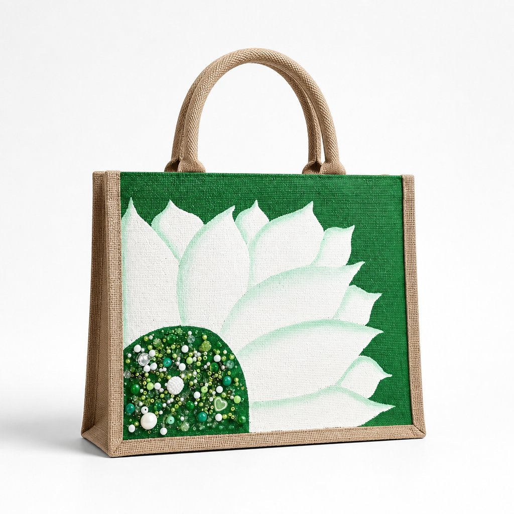 Hand-painted sunflower tote bag featuring large white floral petals on a vibrant green background with sparkling green, pearl, and crystal embellishments at the flower center, accented with natural jute trim and rounded padded handles against a neutral background.