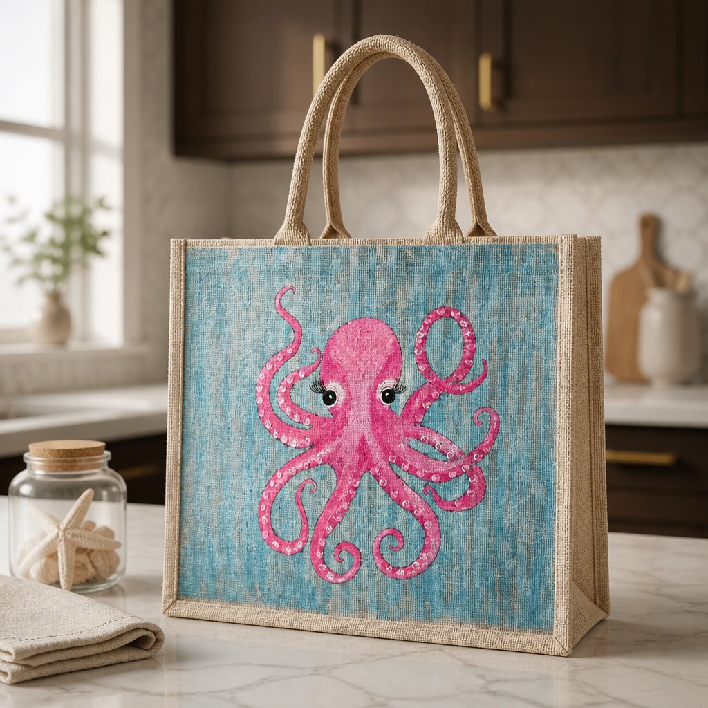 Hand-painted jute tote bag featuring a whimsical pink octopus with curled tentacles and long eyelashes on a soft aqua blue background, finished with natural burlap handles and a beach-inspired coastal style.