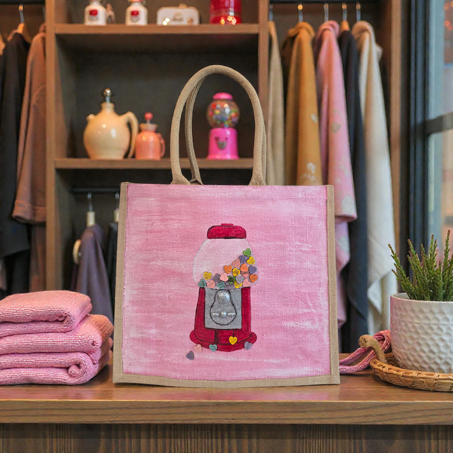 Heart Bubblegum Machine Tote Bag Haned Painted and Embellished by Dana's Uncommon Glass