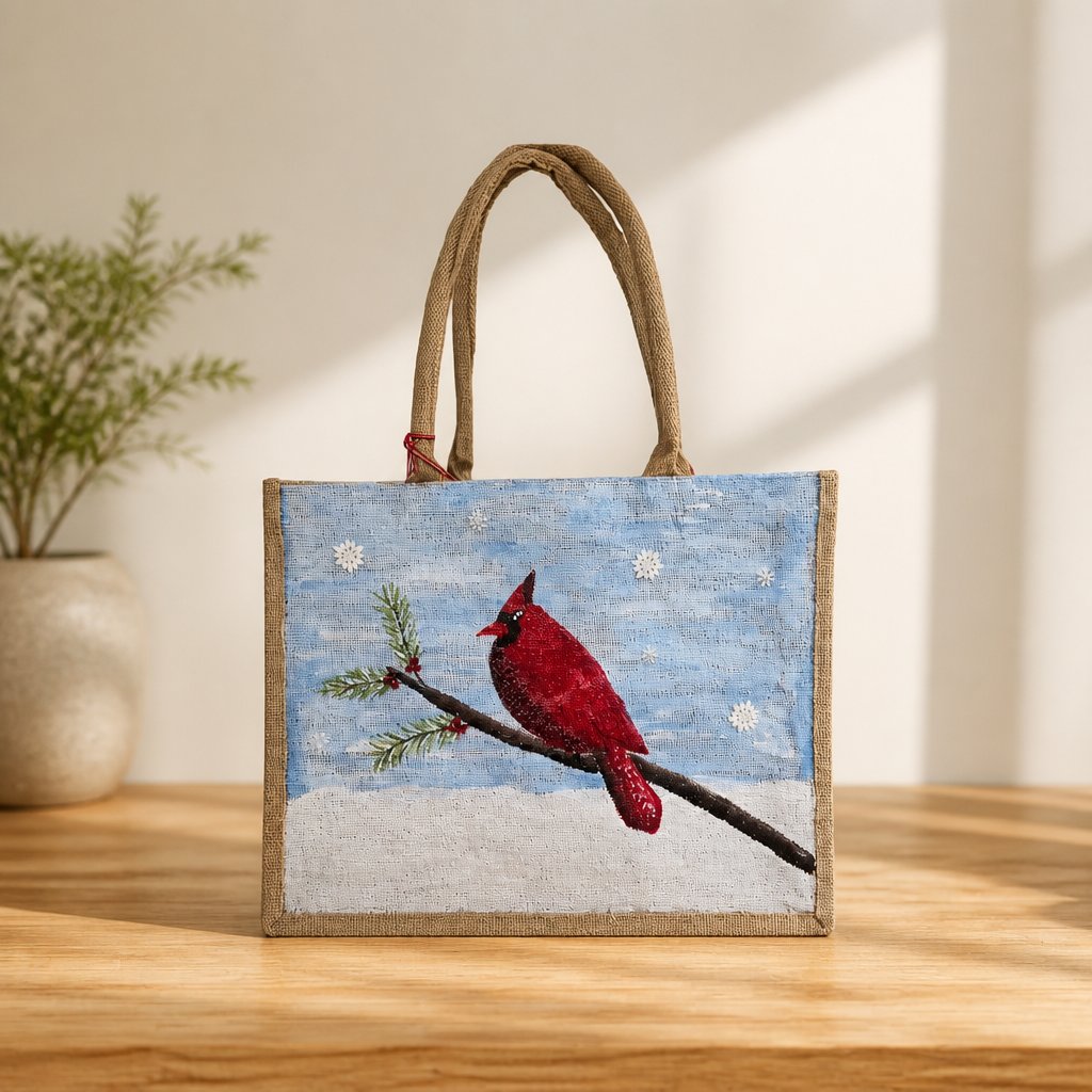 Hand-Painted Winter Cardinal Tote Bag