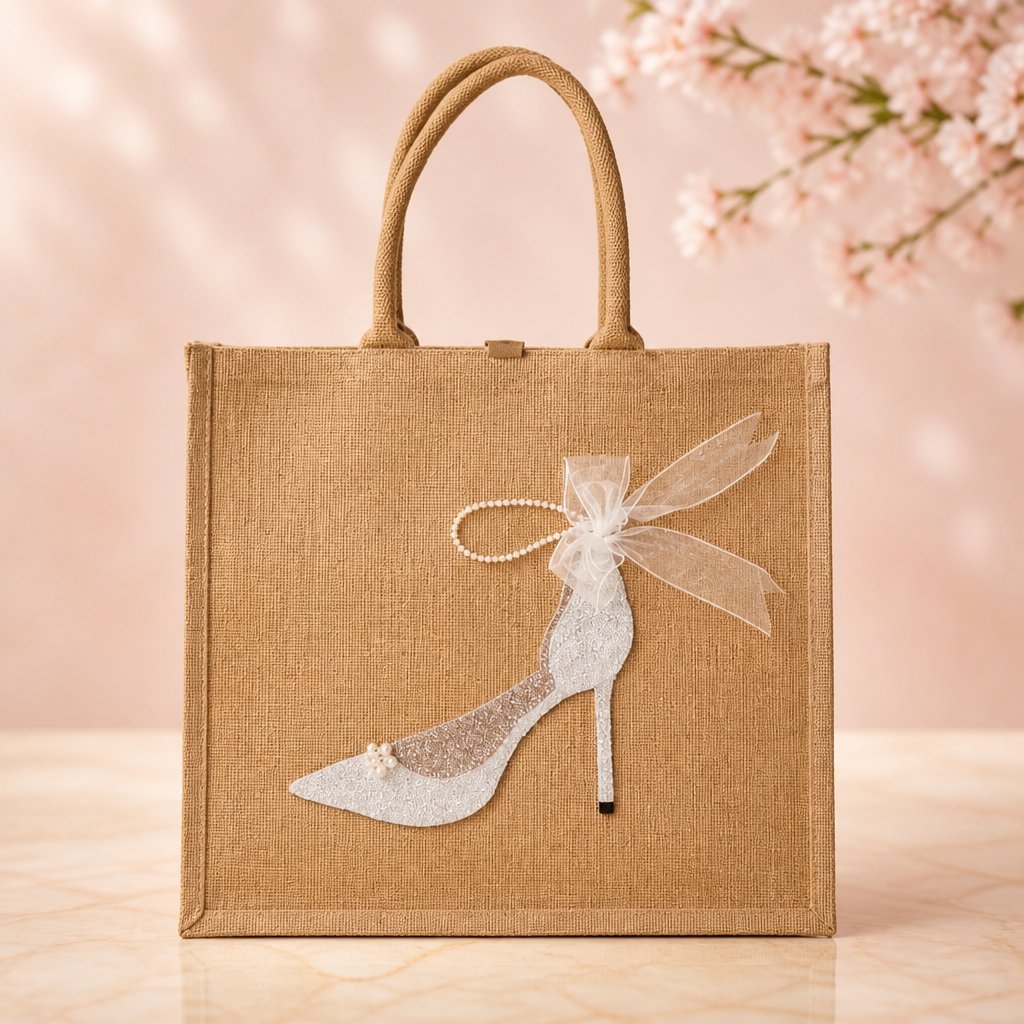 a hand-painted jute tote bag featuring a white glitter stiletto shoe with pearl and ribbon embellishments.