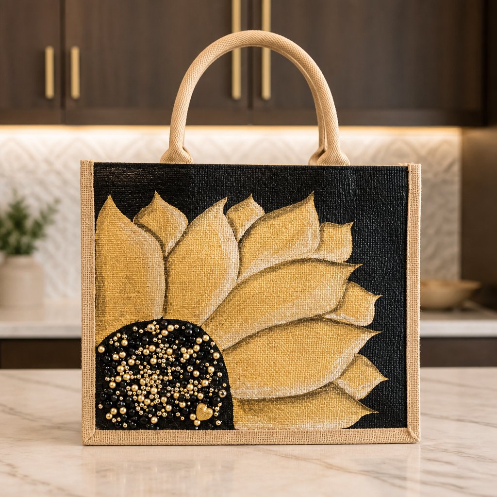 Hand-painted sunflower tote bag featuring soft gold petals on a black background with pearl and gold jeweled embellishments at the flower center, accented with natural jute trim and rounded padded handles against a neutral background.