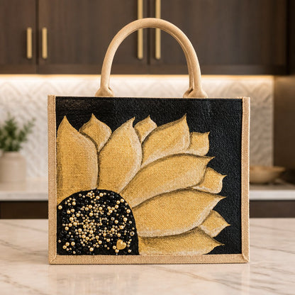 Hand-painted sunflower tote bag featuring soft gold petals on a black background with pearl and gold jeweled embellishments at the flower center, accented with natural jute trim and rounded padded handles against a neutral background.