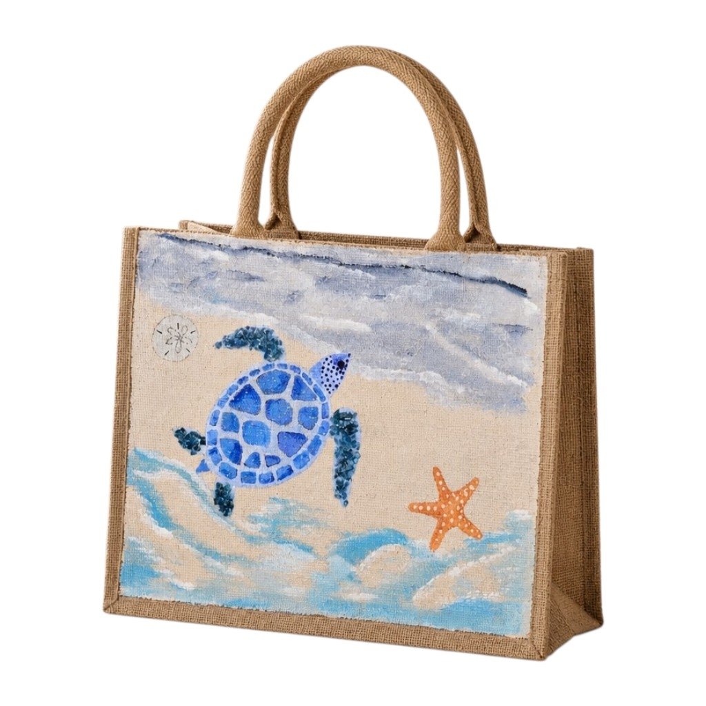 Hand-painted jute tote bag featuring a blue sea turtle swimming through ocean waves with a starfish and soft coastal sky background. Beach-inspired artisan tote with natural rope handles and calming seaside colors.
