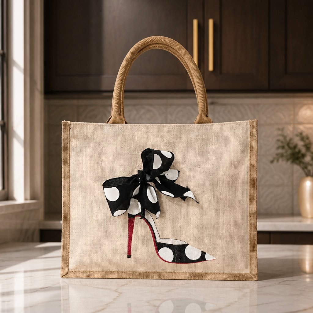 Hand-painted jute tote bag featuring a black-and-white polka dot stiletto shoe with a red sole and oversized black ribbon bow, accented with large white polka dots on a natural canvas background.