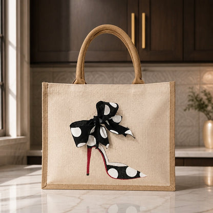 Hand-painted jute tote bag featuring a black-and-white polka dot stiletto shoe with a red sole and oversized black ribbon bow, accented with large white polka dots on a natural canvas background.