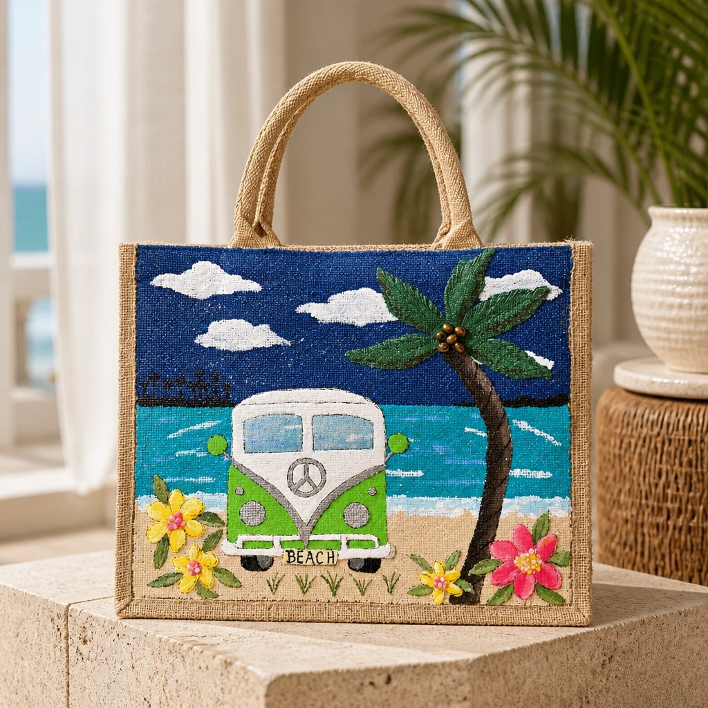 Hand-painted jute tote bag featuring a retro green beach van parked by the ocean with palm trees, tropical flowers, and a bright blue sky. Coastal-inspired artisan beach tote with dimensional details and natural rope handles.