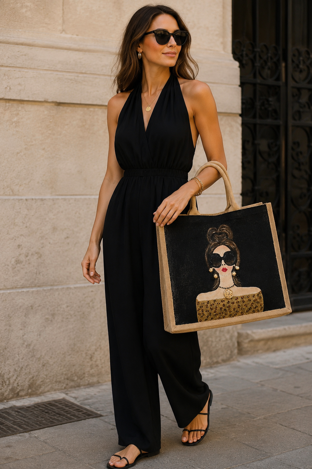 Hand-Painted Glam Sunglass Lady Jute Tote Bag