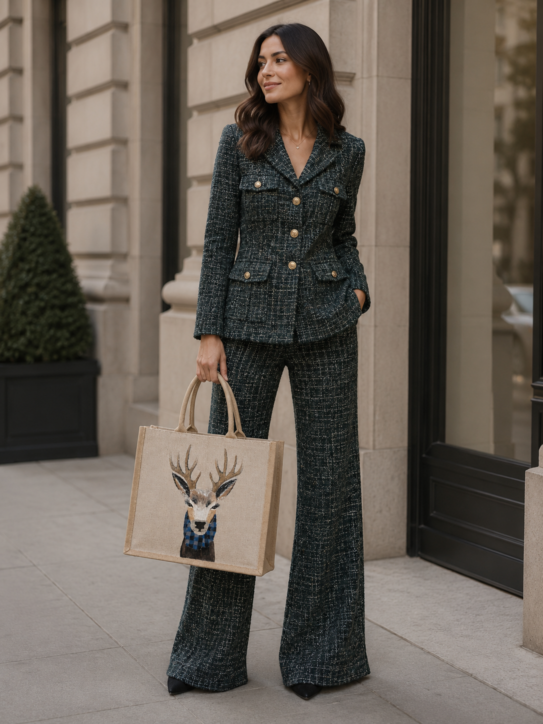 Hand-Painted Buffalo-Plaid Reindeer Tote