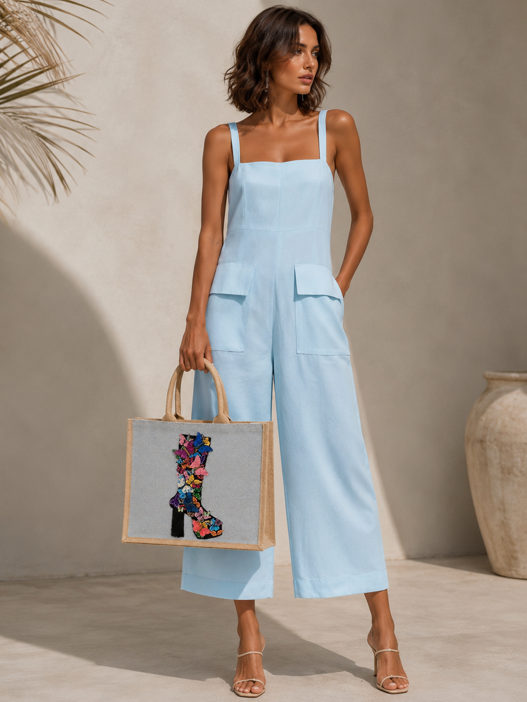 Woman in light blue jumpsuit holding a hand painted and embellished tote bag with butterfly design by Dana's Uncommon Glass against a neutral background