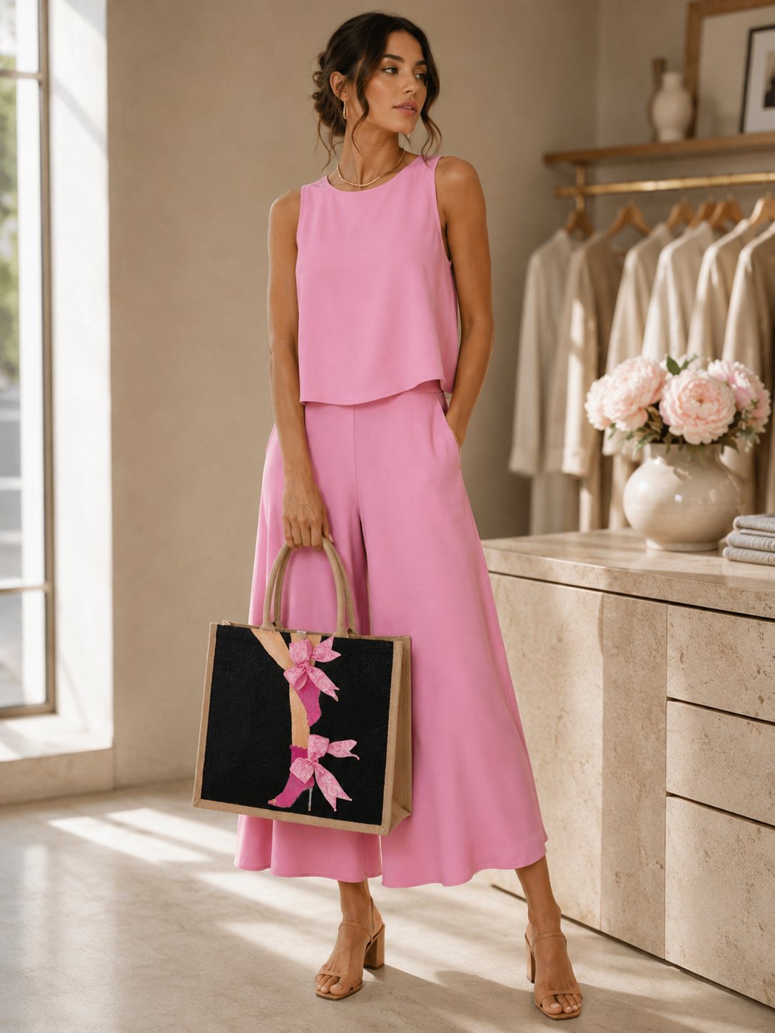 Woman wearing pink outfit holding Hand-painted black jute tote bag featuring pink high heel boots with dimensional pink ribbon bows, designed as wearable fashion art with a bold feminine style.