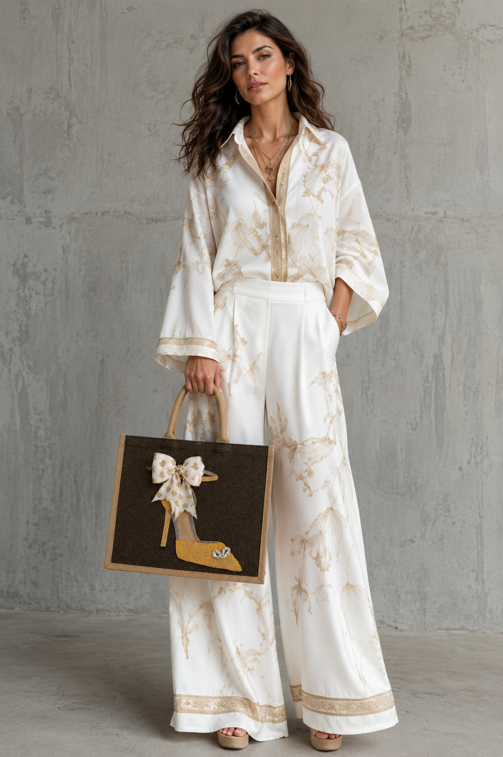 woman holding Hand-painted jute tote bag featuring a gold glitter stiletto shoe on a dark background, accented with a sheer ivory bow with metallic heart details and crystal embellishments.