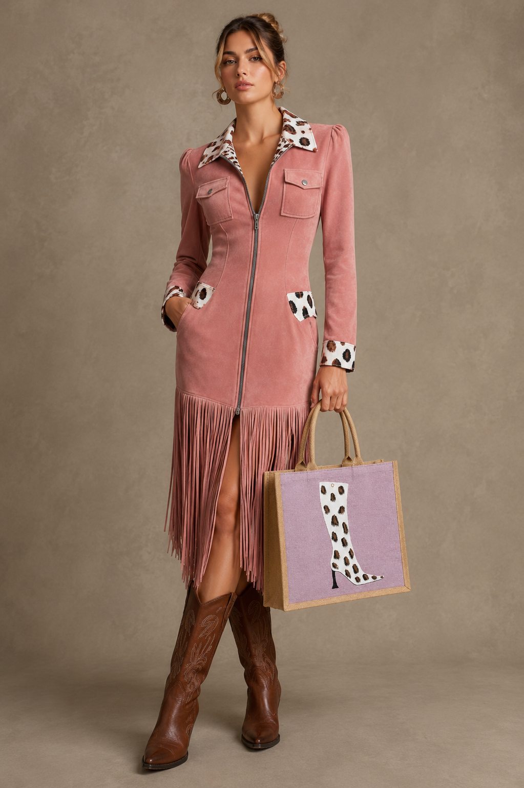 woman holding Hand-painted pink jute tote bag featuring a white cow-print western boot design with black and brown spotted detailing, inspired by modern western fashion and wearable art styling.