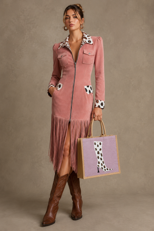 woman holding Hand-painted pink jute tote bag featuring a white cow-print western boot design with black and brown spotted detailing, inspired by modern western fashion and wearable art styling.