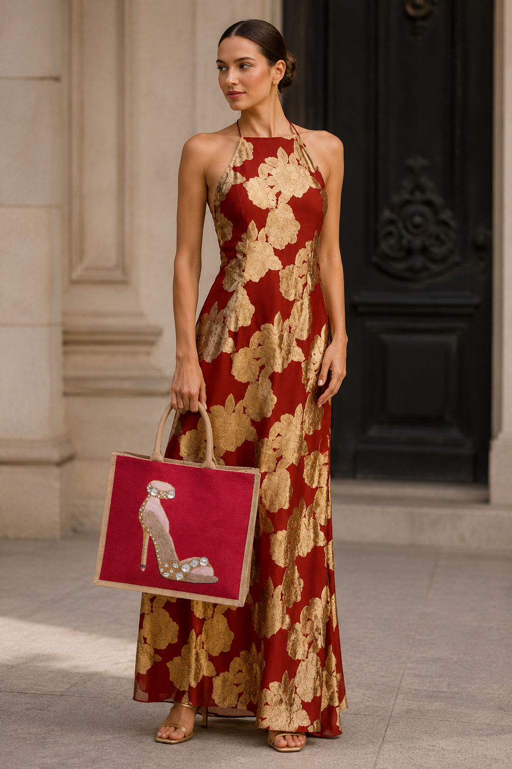 woman holding Hand-painted jeweled stiletto tote bag featuring a glamorous gold and blush high heel embellished with sparkling rhinestones on a rich red background. Elegant wearable art handbag with structured jute handles and fashion-inspired design.