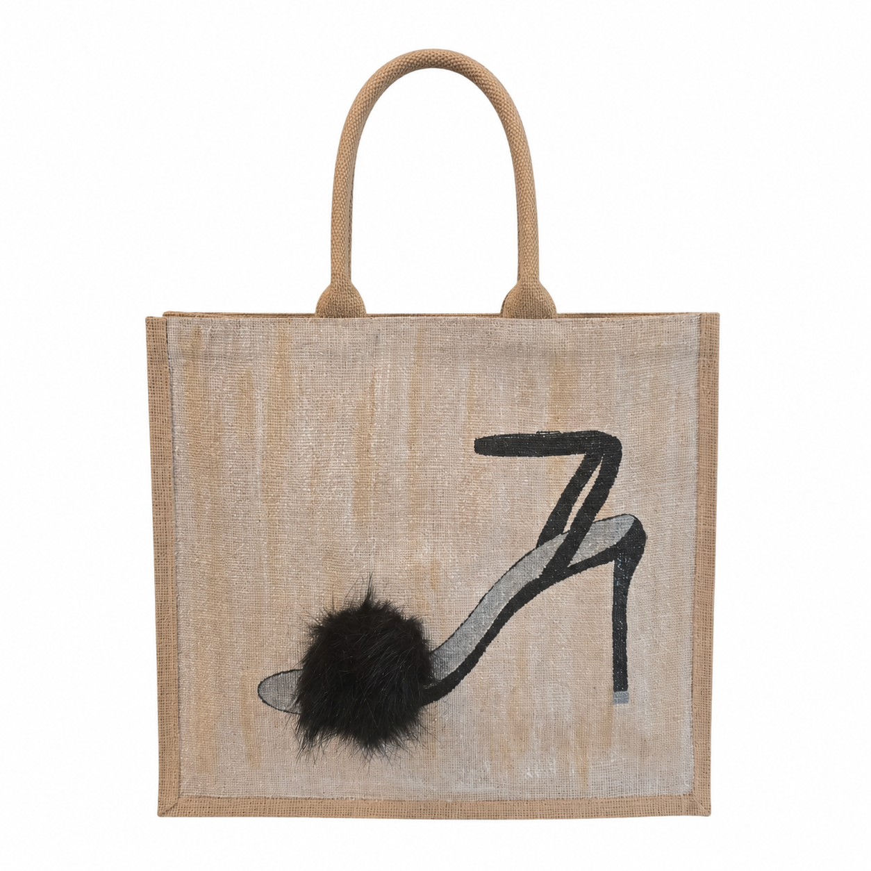Hand-painted jute tote bag featuring a black strappy high heel sandal with a soft black fur pom accent on a neutral textured background. The tote has natural woven handles and a chic, fashion-inspired design with minimalist black and beige tones.