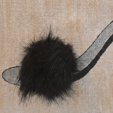 close up of Hand-painted jute tote bag featuring a black strappy high heel sandal with a soft black fur pom accent on a neutral textured background. The tote has natural woven handles and a chic, fashion-inspired design with minimalist black and beige tones.