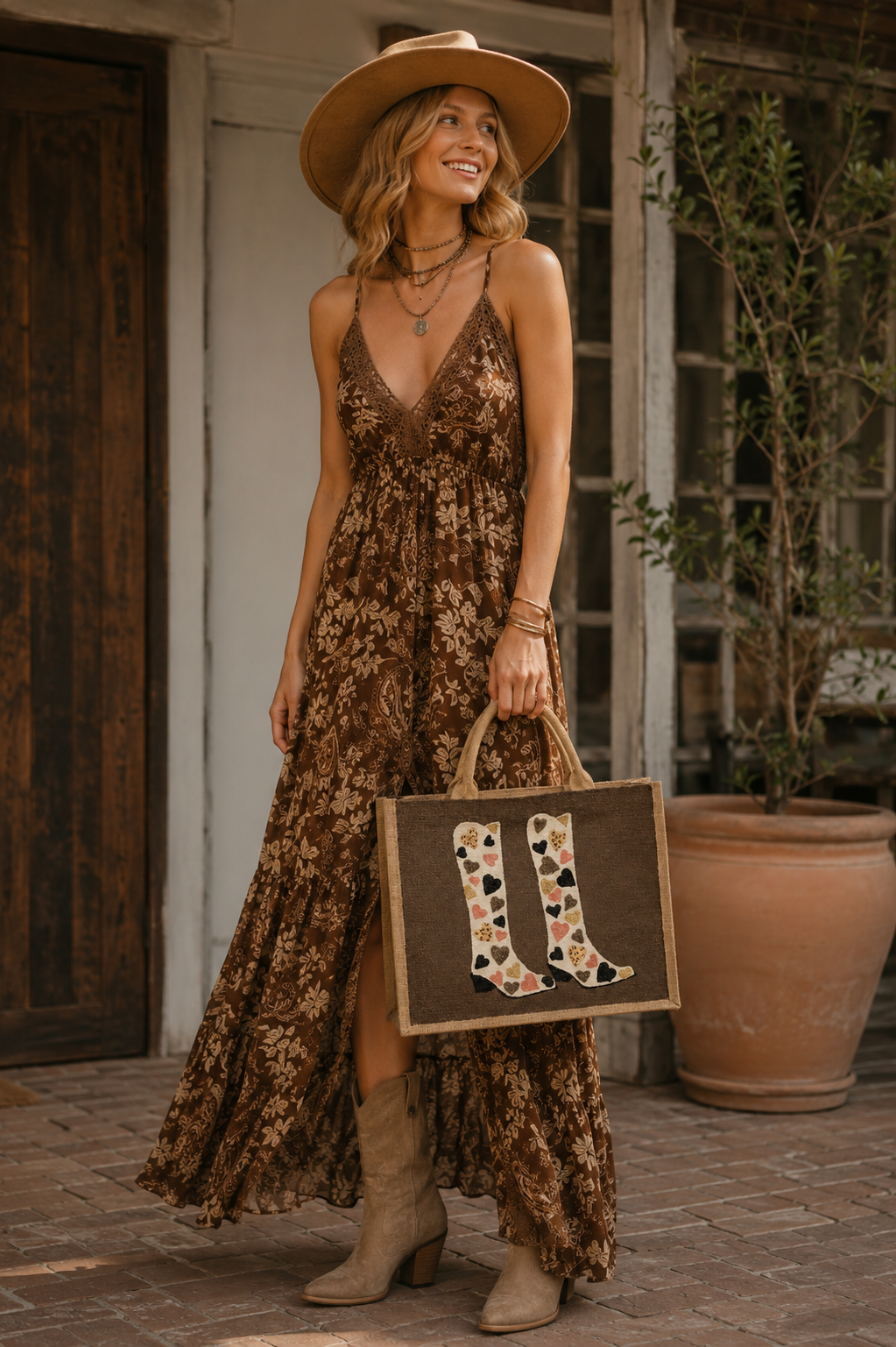 woman holding Hand-painted western-inspired jute tote bag featuring white cowboy boots decorated with heart designs in black, gold, blush pink, and leopard print accents. Neutral tote bag with a rich brown background and romantic rustic style details.