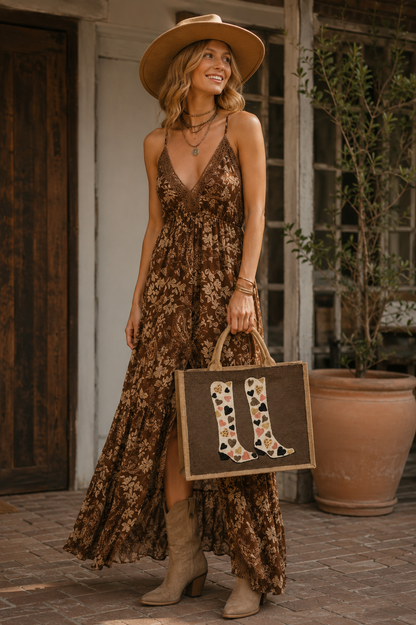 woman holding Hand-painted western-inspired jute tote bag featuring white cowboy boots decorated with heart designs in black, gold, blush pink, and leopard print accents. Neutral tote bag with a rich brown background and romantic rustic style details.