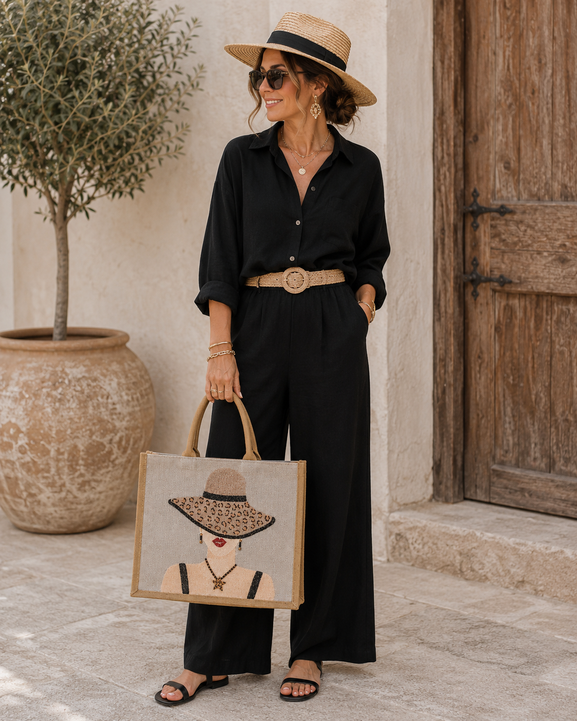 woman holding Hand-painted neutral jute tote bag featuring a stylish woman in a leopard-print sun hat with black straps, red lips, statement earrings, and natural woven handles.