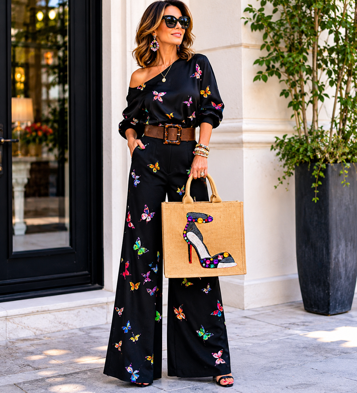 woman holding Hand-painted jute shopper tote featuring a jeweled black stiletto shoe embellished with colorful gems and rhinestones, designed as bold wearable fashion art.